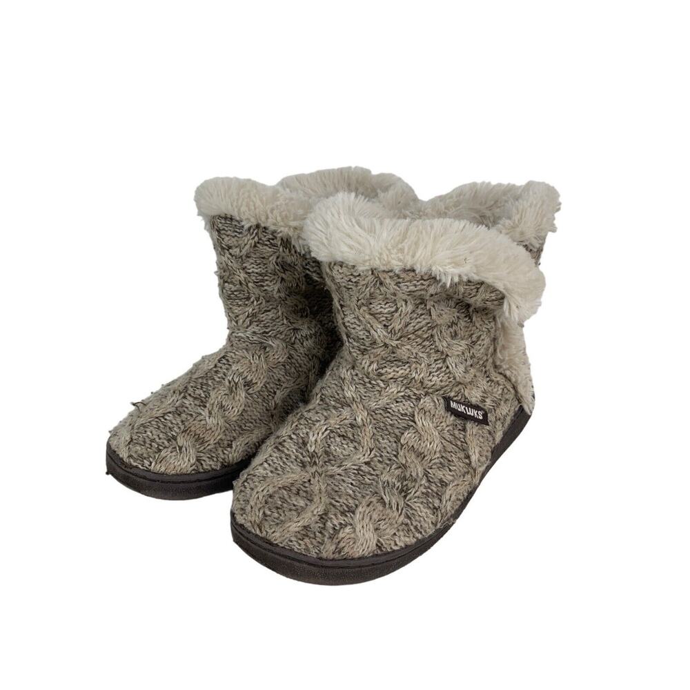 Muk Luks Womens Knit Bootie Slippers With Faux Fur Lining - Size 6